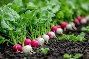 Freshly Harvested Radishes Growing in Garden Bed with Green Leaves, Close-Up View