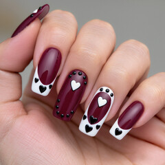 creative multicolor nail art with hearts and stripes on manicured hands for use in beauty branding and lifestyle advertising