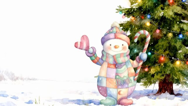 Colorful snowman in patchwork style waves his hand and celebrates Christmas in a snowy landscape with twinkling lights on a festive tree. Empty copy space