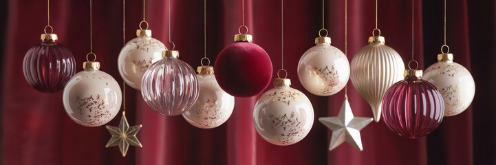 A collection of elegant Christmas glass, ceramic and velvet ornaments hanging against a deep burgundy velvet curtain backdrop. 