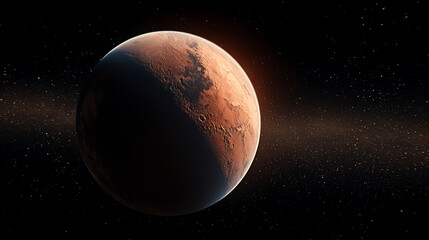 Realistic depiction of planet Mars in space, showcasing its red rocky surface, terrain features, and surrounding cosmic environment. Perfect for astronomy, space, and planetary visuals.