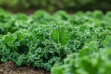 Close-up of Fresh, Green Kale Plants Growing in a Garden Bed, Healthy Food Concept.