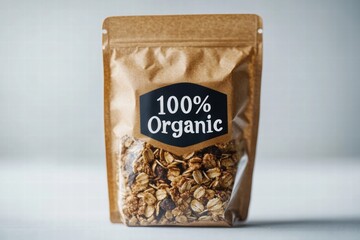 Organic Granola in Kraft Paper Bag, Clear Window, Health Food, 100 Organic Label