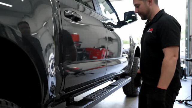 Mechanic with Truck in Workshop - A man stands next to a shiny black truck in a well-lit workshop. He is wearing a black polo shirt, black gloves, and looks at the camera.