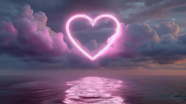 Glowing pink neon heart floating in a cloudy sky above the ocean. Surreal animation with light reflecting on the water. Romantic fantasy and synthwave background
