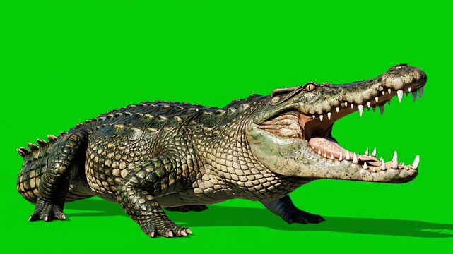 Captivating Crocodile Sequence on Green Screen: A Versatile Visual Asset for Filmmaking and Design projects, showcasing menacing alligators