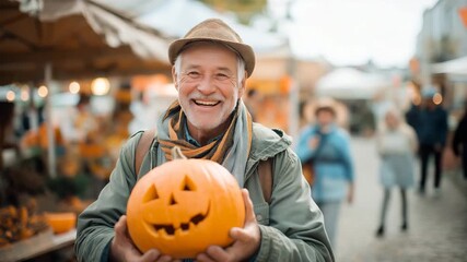 Happy senior man holding a carved jack-o'-lantern pumpkin. Cheerful elderly person smiling at an outdoor autumn market. Halloween holiday celebration concept - Powered by Adobe