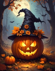 Halloween pumpkin with witch hat in autumn forest