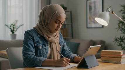 A young Muslim student in a hijab studying at her desk at home. A focused woman writing notes from a tablet for an online course. E-learning and remote education concept in a cinemagraph