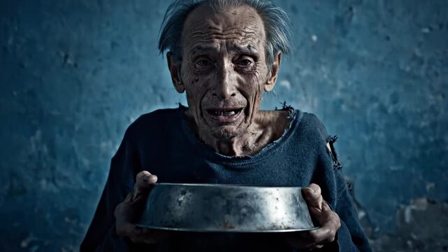 Elderly Man Holding Empty Bowl - A close-up shot of an elderly man with a pained expression holding an empty metal bowl.