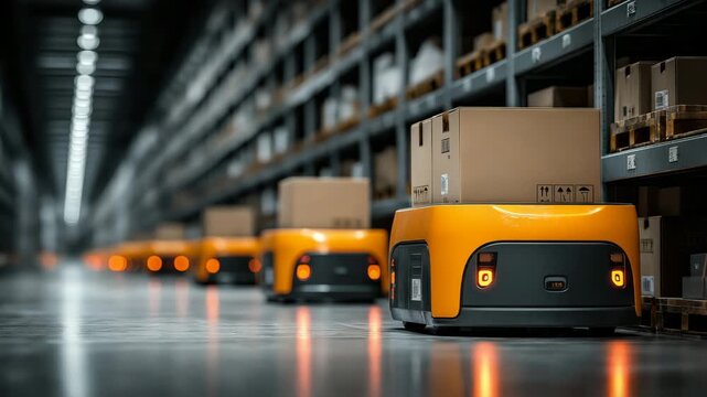 Autonomous mobile robots carrying boxes in a large distribution center. Modern warehouse automation for e-commerce fulfillment. Logistics and future technology concept. Vertical video