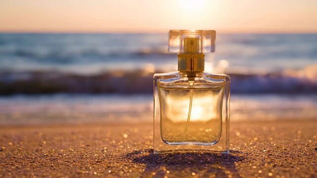 Perfume Bottle on Beach at Sunset - A square perfume bottle sits on a sandy beach with the ocean and sunset in the background.