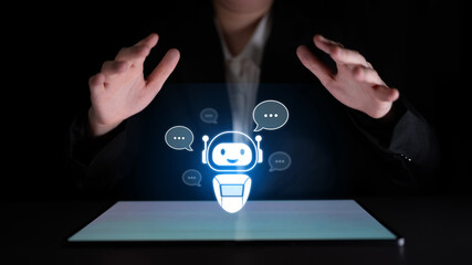 AI chatbot virtual assistant interacting with users through AI conversation bubbles, symbolizing AI automation, smart communication, and AI digital artificial intelligence help support Latch