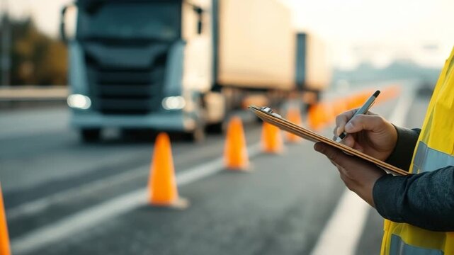 A road safety inspector writes on a clipboard during a truck check on the highway. Logistics and transportation control. Freight industry vehicle inspection and regulation concept