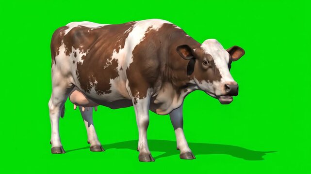 Animated Dairy Cow Sequence on Green Screen Background for Visual Effects and Compositing projects or agricultural simulations and farm related