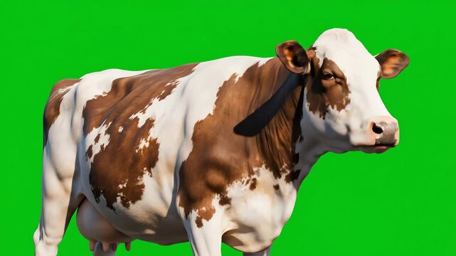 Realistic Brown and White Cow Animated on Green Screen: Perfect for Farm Scenes and Agricultural Projects, Enhancing Visual Appeal and Adding