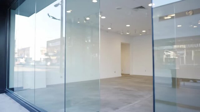 Modern Empty Storefront with Glass Facade - An video of an empty storefront, with a sleek, modern design featuring floor-to-ceiling glass panels.