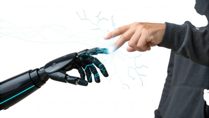 Human hand and robotic arm interacting with glowing digital network on a dark background isolated on white background isolated on transparent background