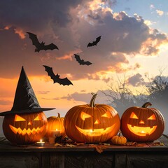 Halloween pumpkins at sunset