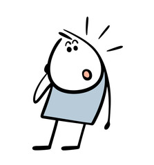 Confused and worried, Stickman looks down at the floor. Vector illustration of a man with emotions, screaming in terror and panic.