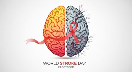 World Stroke Day poster featuring a human brain divided into healthy and damaged halves with a red awareness ribbon, symbolizing brain health, prevention, and recovery