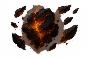 Meteoroid explosion shattering hot rock and glowing lava into radiating fragments on transparent background