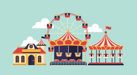 Naklejka premium Colorful Amusement Park Scene with Ferris Wheel and Carousel.