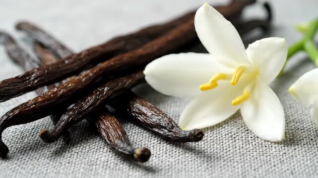 Close-up of Vanilla Beans and Flower - A close-up shot showcases a collection of dried vanilla beans alongside a delicate white vanilla flower.