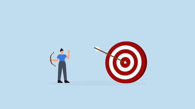 Achieve target, Joyful businesswoman releases arrow in archery aimed at large target
