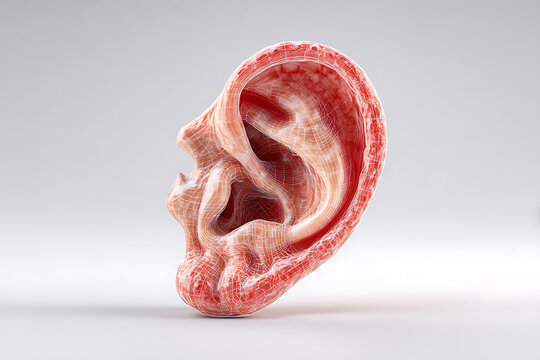 Intricate 3D anatomical ear model with detailed mesh overlay offers a futuristic and scientific perspective on hearing and auditory perception for medical and tech innovations.