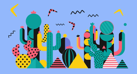 Colorful cactus illustration with geometric shapes and vibrant colors, desert theme.