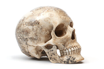 Intricately patterned skull displays ornate floral designs evoking ancient artistry and morbid elegance for conceptual projects