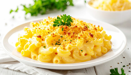 Creamy macaroni and cheese, white plate. AI