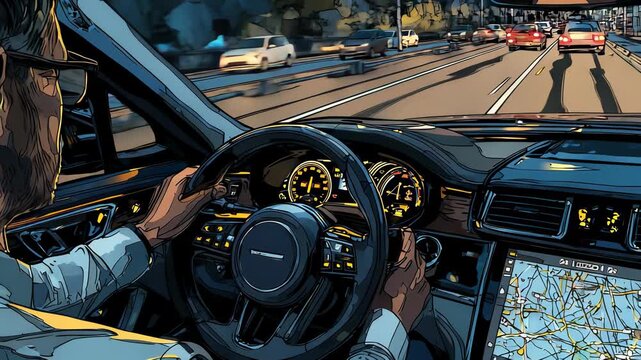 Driving on Highway at Dusk, Interior View of Car with Driver and Navigation System, Cartoon Style Illustration