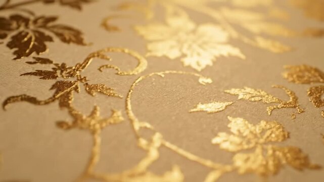 Gold Floral Pattern Close-Up - A macro shot showcases a delicate floral pattern embossed in gold on a textured beige surface. The intricate design features stylized flowers and swirling vines.