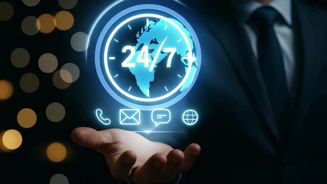 Businessman holding a glowing 24/7 service icon with communication symbols and a globe and animation video 4k