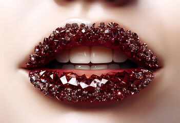labbra di donna coperte da cristalli colorati come rossetto brillante, woman's lips covered with crystals colored like bright lipstick