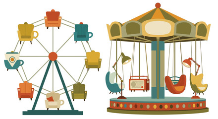 Colorful Ferris Wheel and Carousel Amusement Rides.