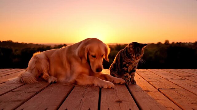 Heartwarming Moment Between Dog and Cat at Sunset - A golden retriever and a tabby cat share a tender moment as the sun sets in the background, casting a warm glow over the wooden deck.