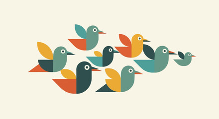 Colorful geometric birds flying in formation against a neutral background.