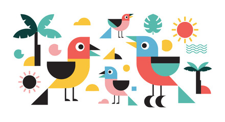 Colorful Geometric Birds Family Illustration.