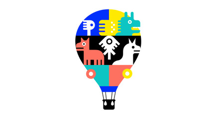 Colorful geometric hot air balloon featuring various animal shapes in a vibrant design.