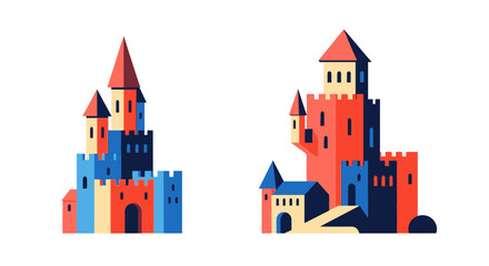 Colorful Geometric Fantasy Castles Vector Illustrations Set.