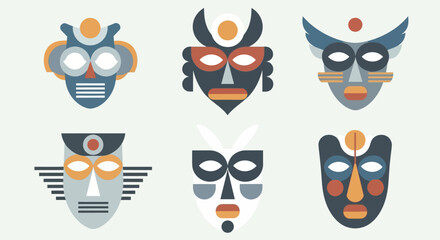 Colorful geometric mask designs representing cultural art and traditions with unique patterns.