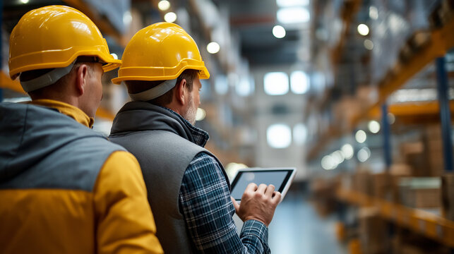 Two warehouse colleagues from neck down using a tablet helmets tucked under arms long aisle defocused warehouse team tablet workflow logistics helmets inventory check