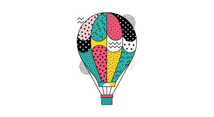 Colorful hot air balloon illustration with various patterns and designs.