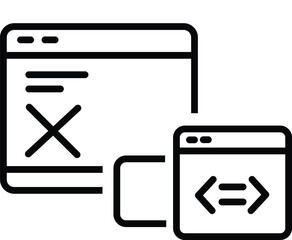 Website development and debugging process with code and error window icon design