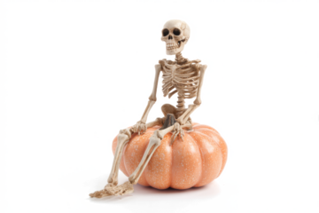 Skeleton sitting on a pumpkin Halloween decoration isolated on white background