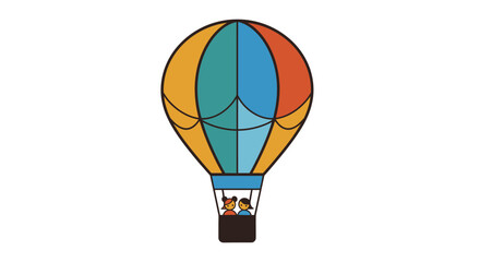 Colorful hot air balloon soaring high with passengers enjoying the view.