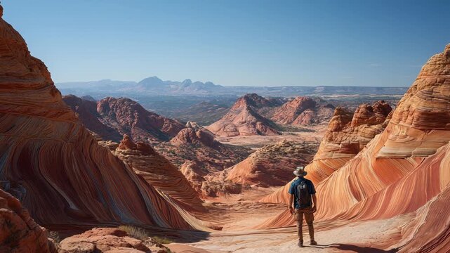 Hiker Exploring The Wave Sandstone Formation, Coyote Buttes North, Paria Canyon-Vermilion Cliffs Wilderness, Arizona, USA, Scenic Landscape